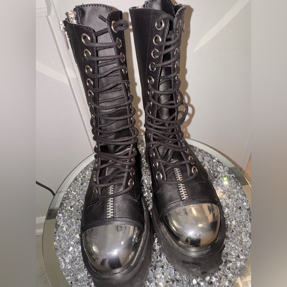 Demonia Black and Silver Lace Up Boots - Picture 2 of 5